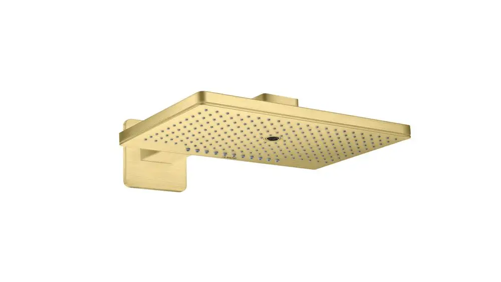 Duschkopf mit quadratischer Form, ausgestattet mit mehreren Düsen. Ausführung in brushed brass. Design von AXOR, geeignet für moderne Badezimmer.